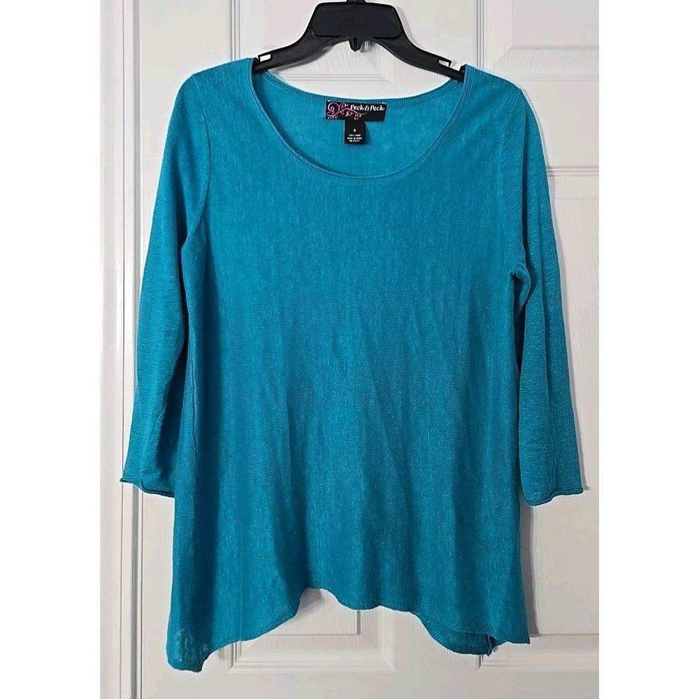 Peck & Peck Linen Tunic Top Turquoise Rounded Neck 3/4 Sleeve Women's Size Small